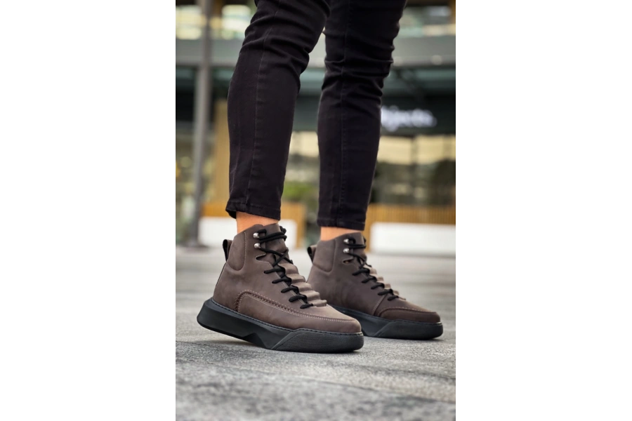 Shoecide Sb0321 Gizli Bağcıklı Erkek Yüksek Taban Kahverengi Spor Bot