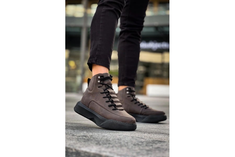 Shoecide Sb0321 Gizli Bağcıklı Erkek Yüksek Taban Kahverengi Spor Bot
