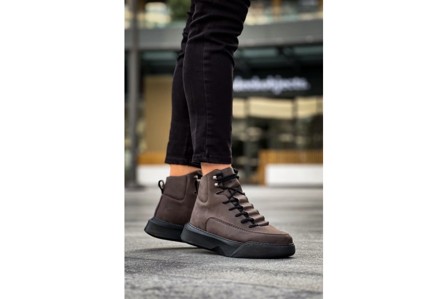 Shoecide Sb0321 Gizli Bağcıklı Erkek Yüksek Taban Kahverengi Spor Bot