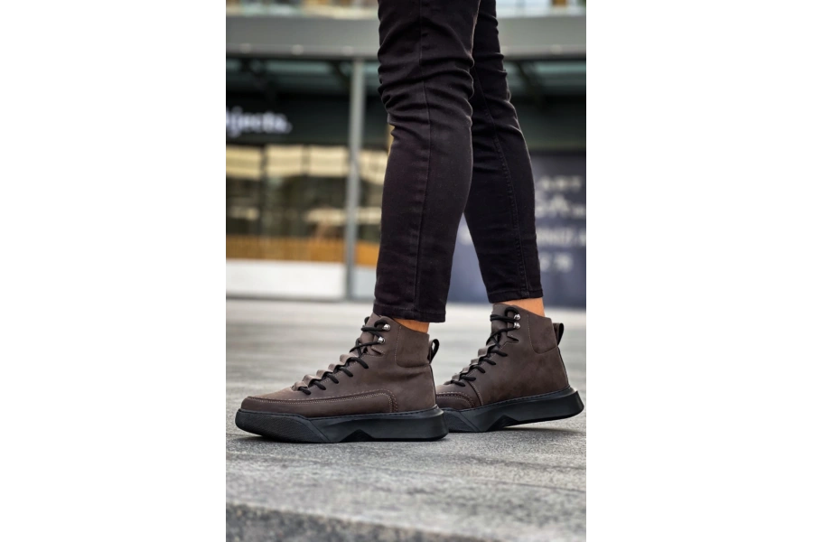 Shoecide Sb0321 Gizli Bağcıklı Erkek Yüksek Taban Kahverengi Spor Bot