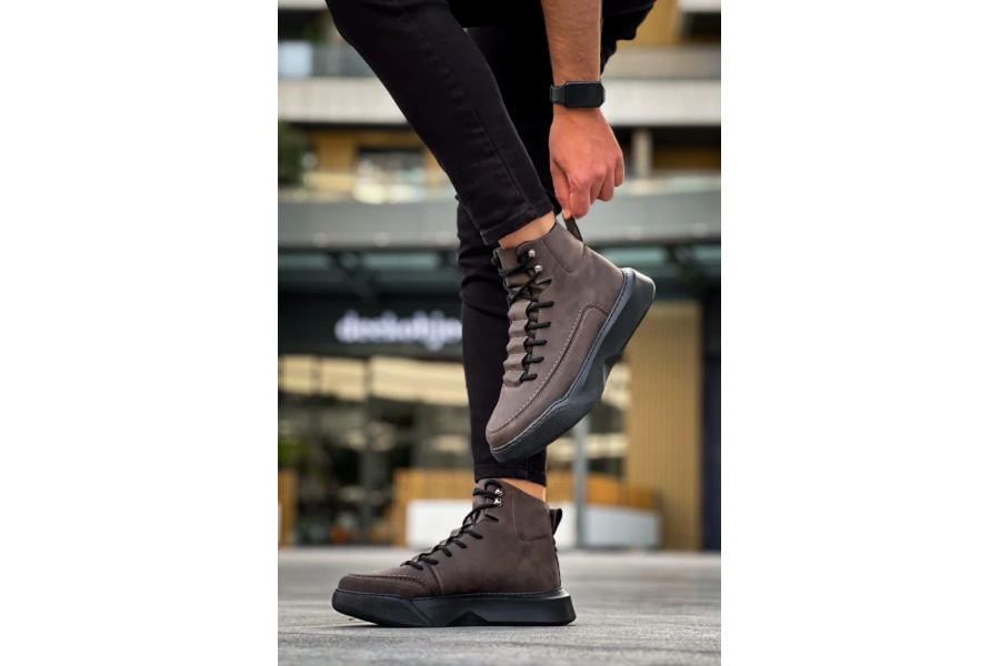 Shoecide Sb0321 Gizli Bağcıklı Erkek Yüksek Taban Kahverengi Spor Bot