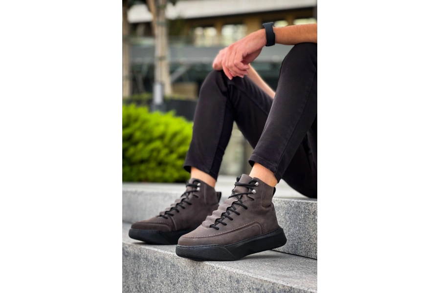Shoecide Sb0321 Gizli Bağcıklı Erkek Yüksek Taban Kahverengi Spor Bot