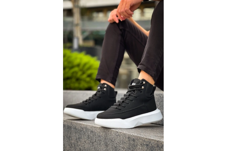 Shoecide Sb0321 Gizli Bağcıklı Erkek Yüksek Taban Siyah Beyaz Spor Bot