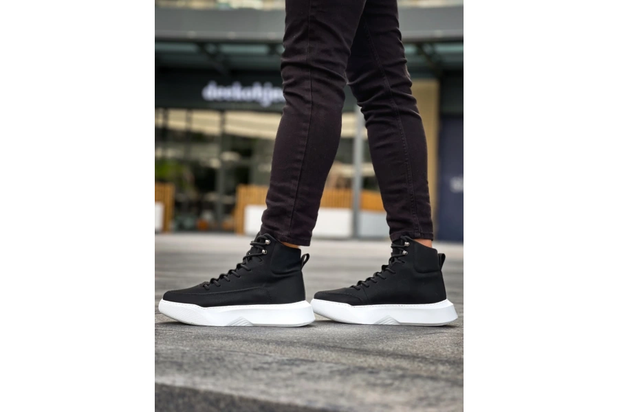 Shoecide Sb0321 Gizli Bağcıklı Erkek Yüksek Taban Siyah Beyaz Spor Bot