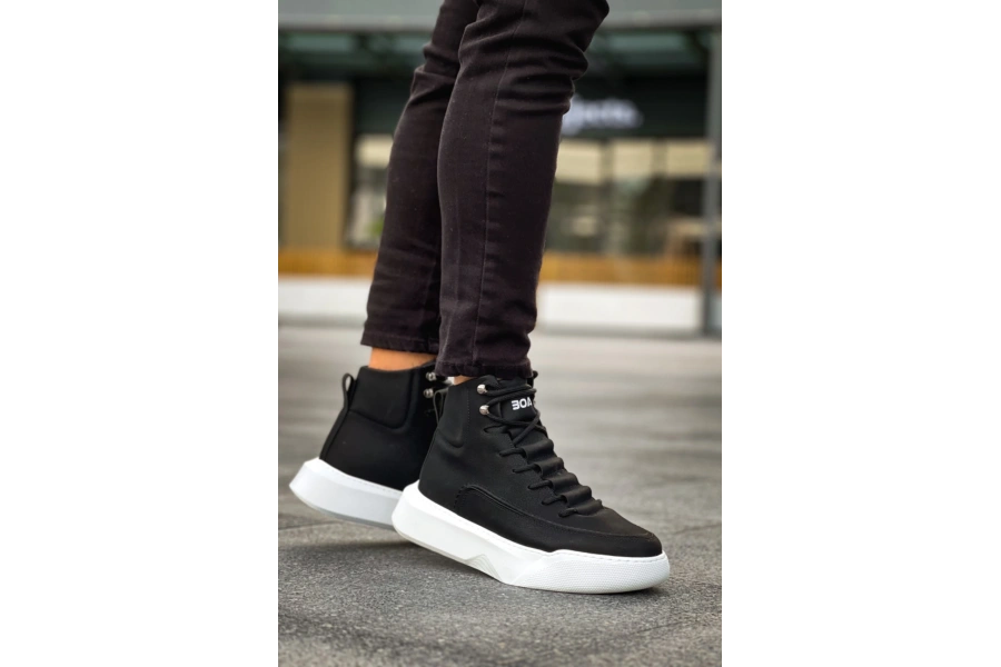 Shoecide Sb0321 Gizli Bağcıklı Erkek Yüksek Taban Siyah Beyaz Spor Bot