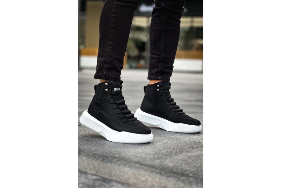 Shoecide Sb0321 Gizli Bağcıklı Erkek Yüksek Taban Siyah Beyaz Spor Bot