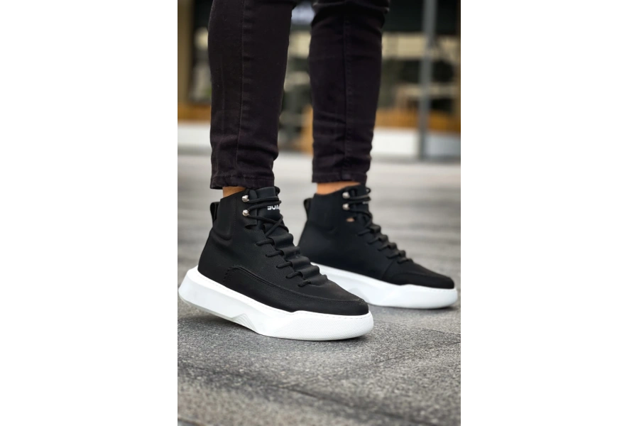 Shoecide Sb0321 Gizli Bağcıklı Erkek Yüksek Taban Siyah Beyaz Spor Bot
