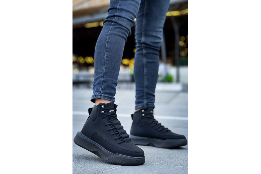 Shoecide Sb0321 Gizli Bağcıklı Erkek Yüksek Taban Siyah Spor Bot