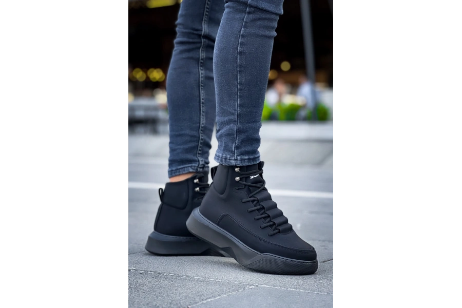 Shoecide Sb0321 Gizli Bağcıklı Erkek Yüksek Taban Siyah Spor Bot