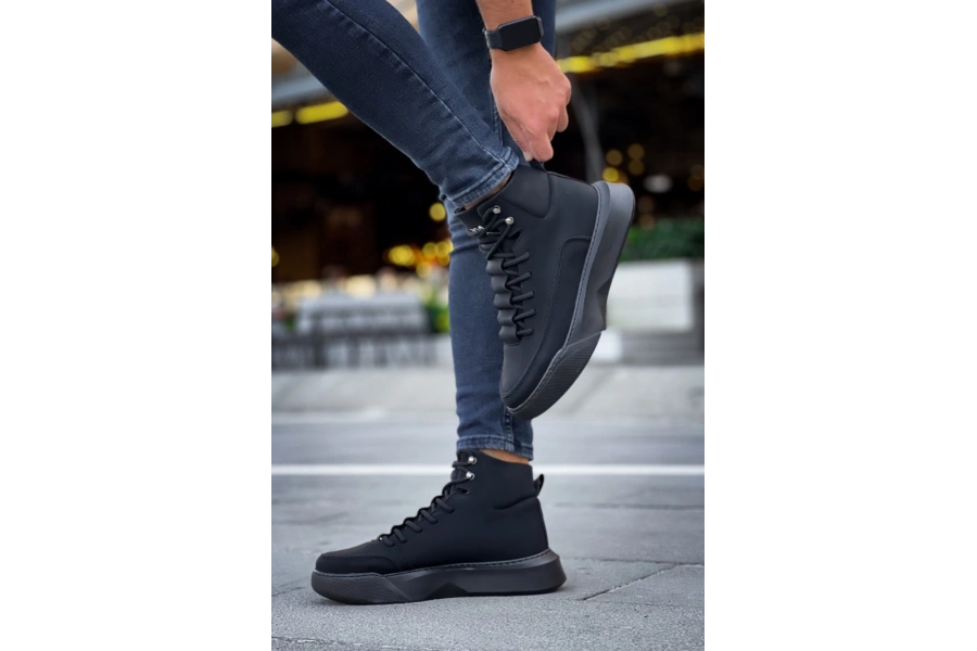 Shoecide Sb0321 Gizli Bağcıklı Erkek Yüksek Taban Siyah Spor Bot