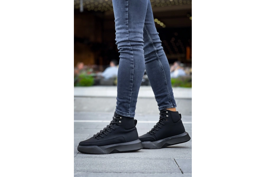 Shoecide Sb0321 Gizli Bağcıklı Erkek Yüksek Taban Siyah Spor Bot