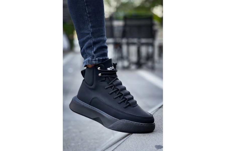 Shoecide Sb0321 Gizli Bağcıklı Erkek Yüksek Taban Siyah Spor Bot