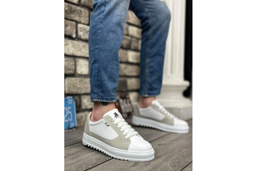 Shoecide Sb0323 Boa Kalın Tırtık Yüksek Taban Beyaz Gri Bağcıklı Spor Erkek Ayakkabı