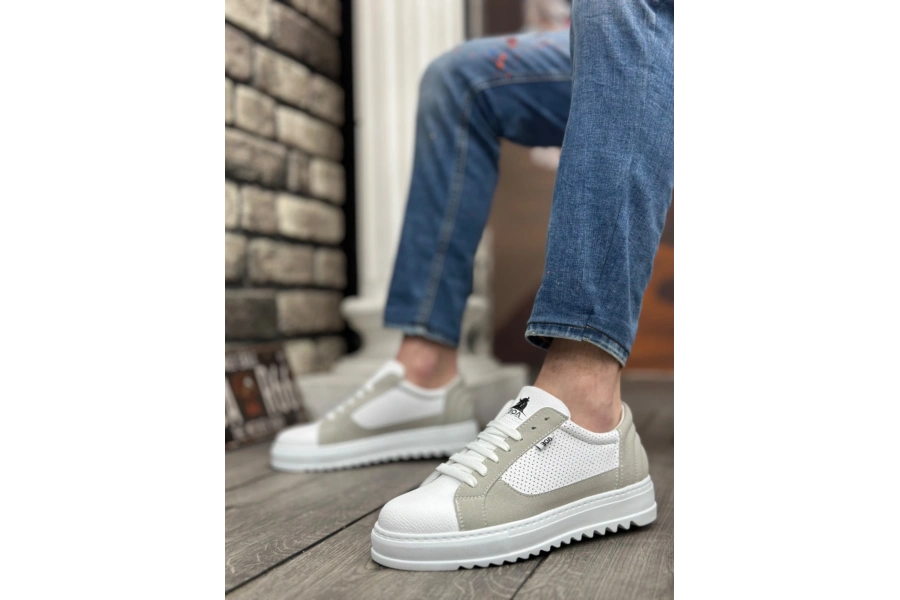 Shoecide Sb0323 Boa Kalın Tırtık Yüksek Taban Beyaz Gri Bağcıklı Spor Erkek Ayakkabı