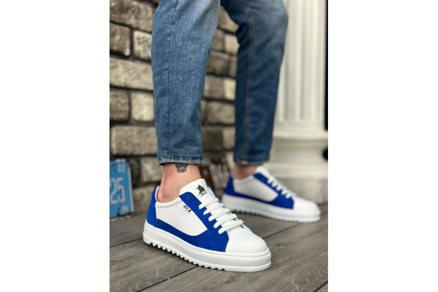 Shoecide Sb0323 Boa Kalın Tırtık Yüksek Taban Beyaz Mavi Bağcıklı Spor Erkek Ayakkabı
