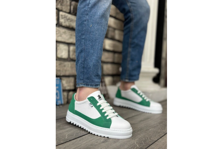 Shoecide Sb0323 Boa Kalın Tırtık Yüksek Taban Beyaz Yeşil Bağcıklı Spor Erkek Ayakkabı
