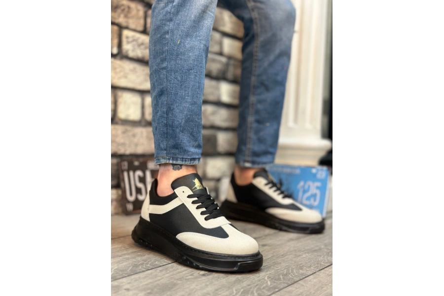 Shoecide Sb0327 Boa Gri Siyah Kalın Yüksek Taban Bağcıklı Spor Erkek Ayakkabı