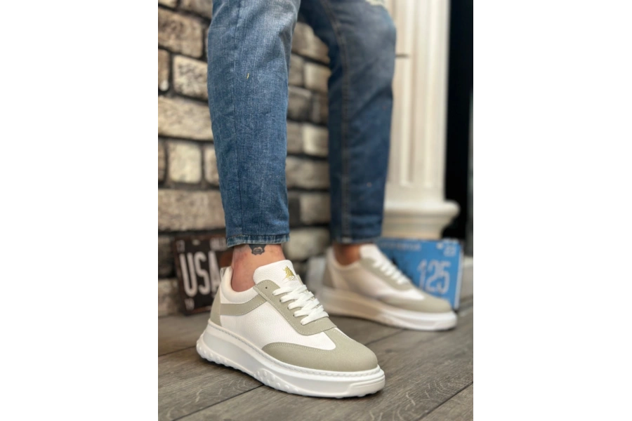 Shoecide Sb0327 Boa Kalın Yüksek Taban Beyaz Gri Bağcıklı Spor Erkek Ayakkabı
