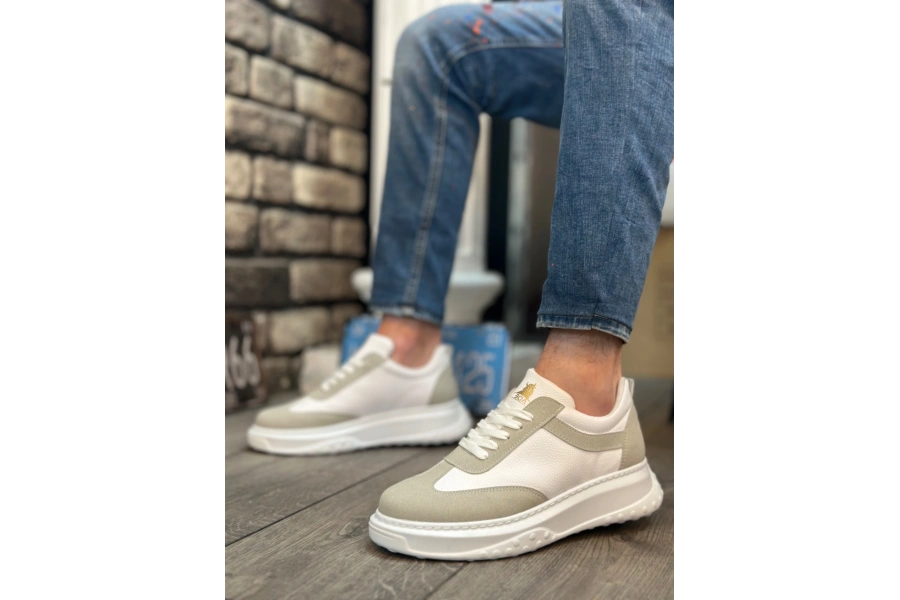 Shoecide Sb0327 Boa Kalın Yüksek Taban Beyaz Gri Bağcıklı Spor Erkek Ayakkabı
