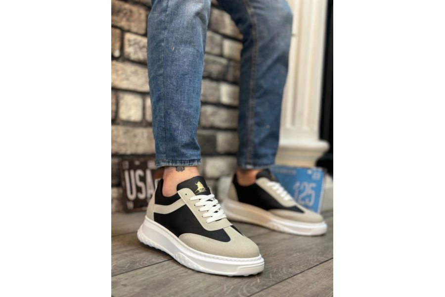 Shoecide Sb0327 Boa Kalın Yüksek Taban Gri Siyah Bağcıklı Spor Erkek Ayakkabı