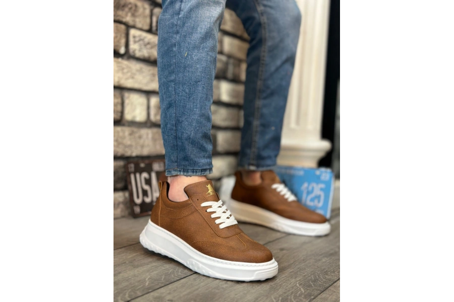 Shoecide Sb0327 Boa Taba Beyaz Kalın Yüksek Taban Bağcıklı Spor Erkek Ayakkabı