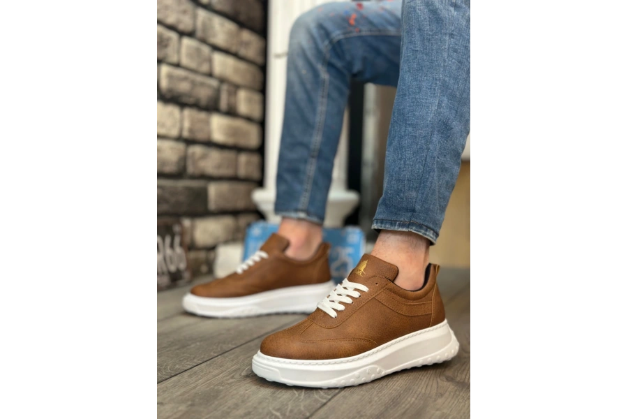 Shoecide Sb0327 Boa Taba Beyaz Kalın Yüksek Taban Bağcıklı Spor Erkek Ayakkabı