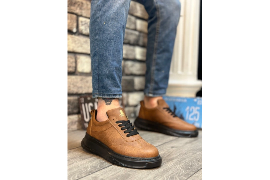 Shoecide Sb0327 Boa Taba Siyah Kalın Yüksek Taban Bağcıklı Spor Erkek Ayakkabı