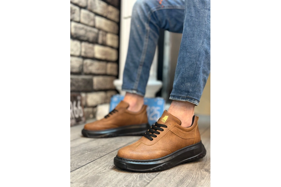 Shoecide Sb0327 Boa Taba Siyah Kalın Yüksek Taban Bağcıklı Spor Erkek Ayakkabı