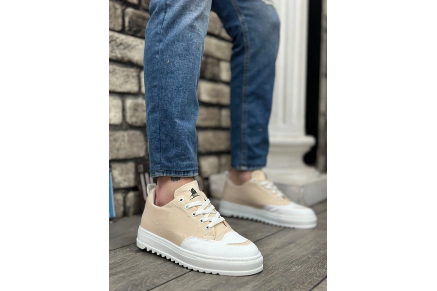 Shoecide Sb0328 Boa Kalın Yüksek Taban Smile Desenli Krem Spor Erkek Ayakkabı