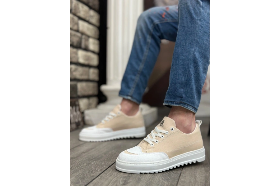 Shoecide Sb0328 Boa Kalın Yüksek Taban Smile Desenli Krem Spor Erkek Ayakkabı