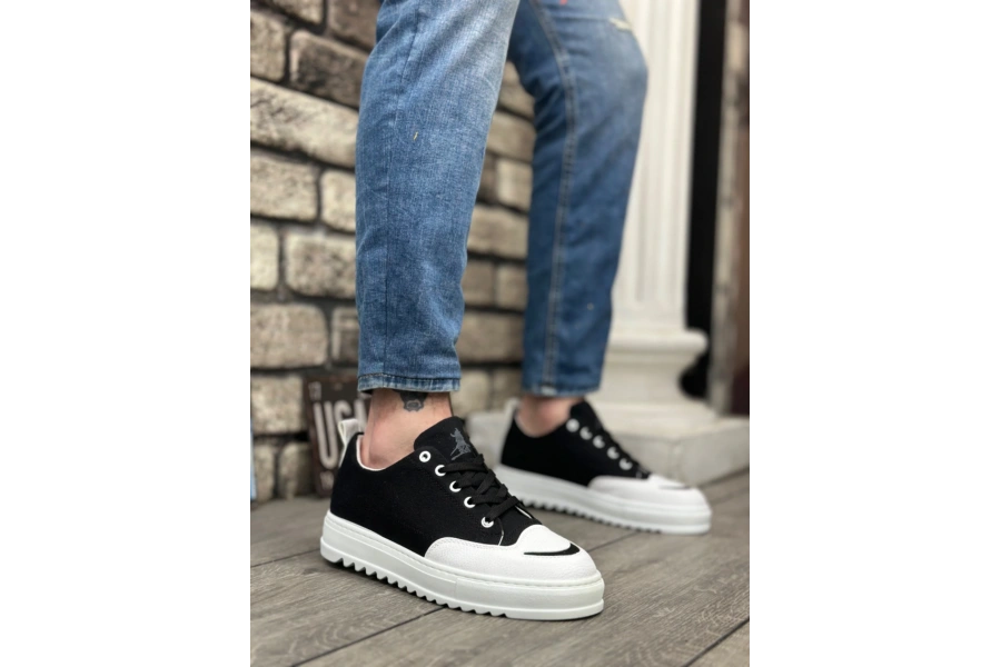 Shoecide Sb0328 Boa Kalın Yüksek Taban Smile Desenli Siyah Beyaz Spor Erkek Ayakkabı