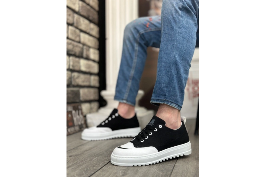 Shoecide Sb0328 Boa Kalın Yüksek Taban Smile Desenli Siyah Beyaz Spor Erkek Ayakkabı