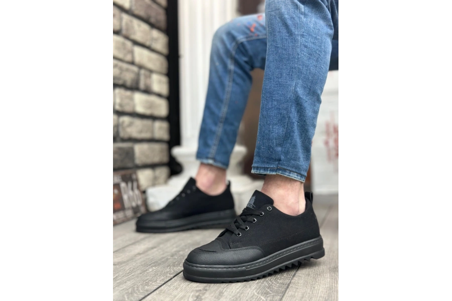 Shoecide Sb0328 Boa Kalın Yüksek Taban Smile Desenli Siyah Spor Erkek Ayakkabı