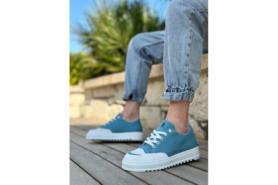 Shoecide Sb0328 Boa Kalın Yüksek Taban Smile Desenli Turkuaz Spor Erkek Ayakkabı