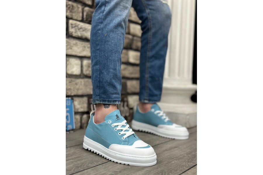 Shoecide Sb0328 Boa Kalın Yüksek Taban Smile Desenli Turkuaz Spor Erkek Ayakkabı