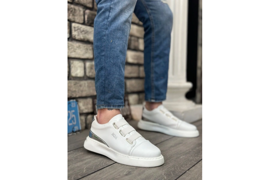 Shoecide Sb0329 3 Bant Beyaz Gümüş Detaylı Kalın Taban Casual Erkek Ayakkabı