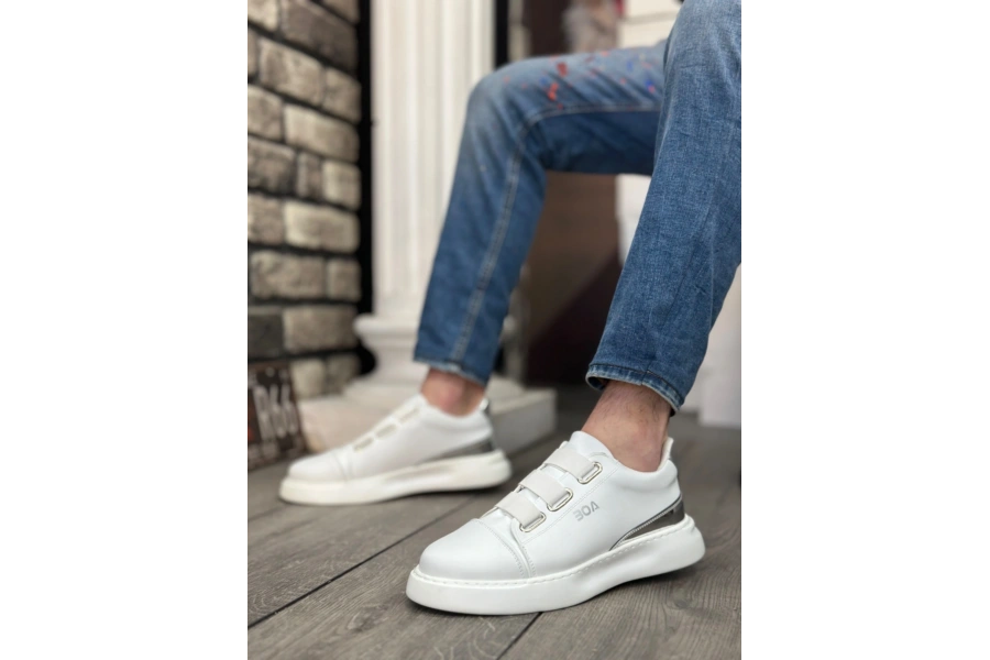 Shoecide Sb0329 3 Bant Beyaz Gümüş Detaylı Kalın Taban Casual Erkek Ayakkabı