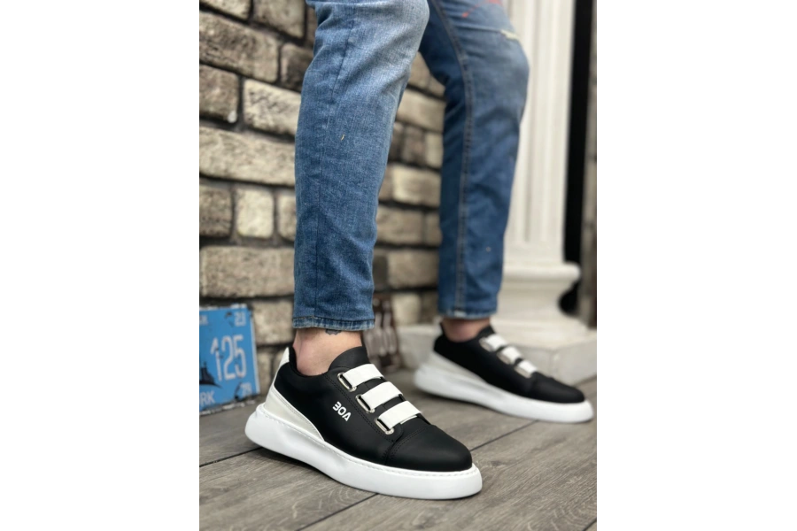 Shoecide Sb0329 3 Bant Siyah Beyaz Detaylı Kalın Taban Casual Erkek Ayakkabı
