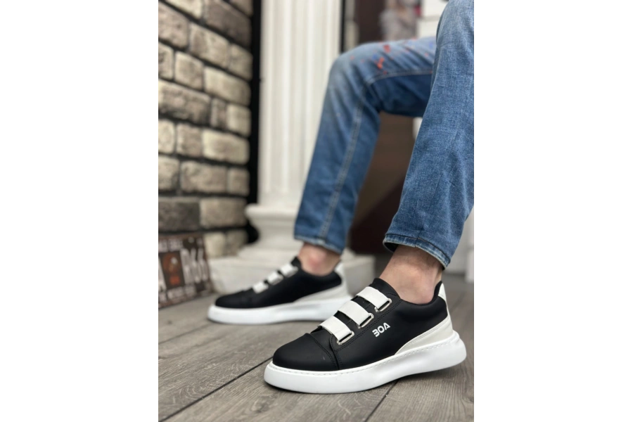 Shoecide Sb0329 3 Bant Siyah Beyaz Detaylı Kalın Taban Casual Erkek Ayakkabı