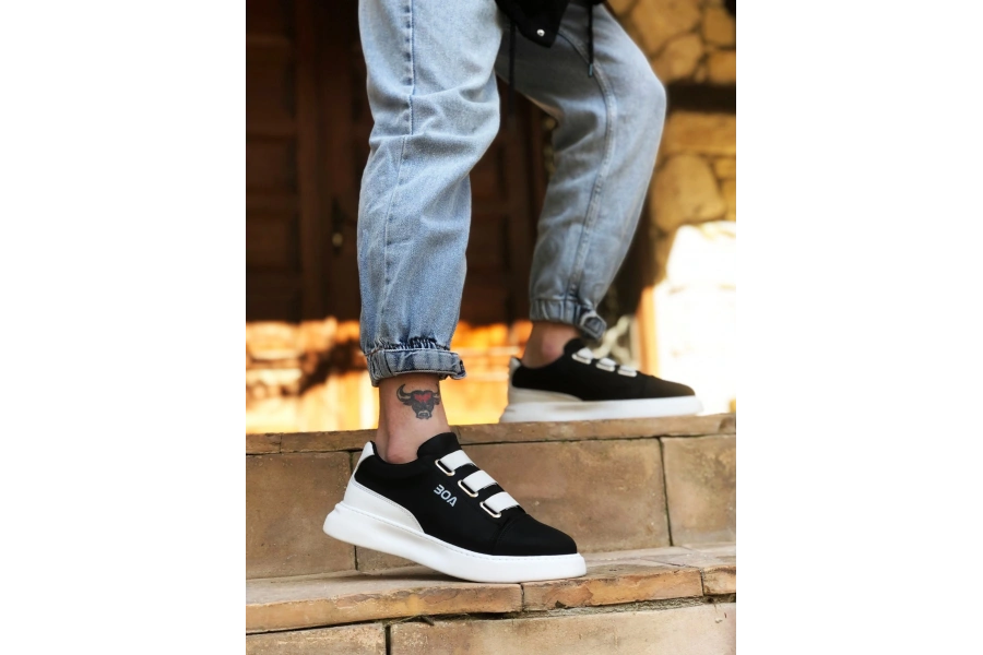 Shoecide Sb0329 3 Bant Siyah Beyaz Detaylı Kalın Taban Casual Erkek Ayakkabı