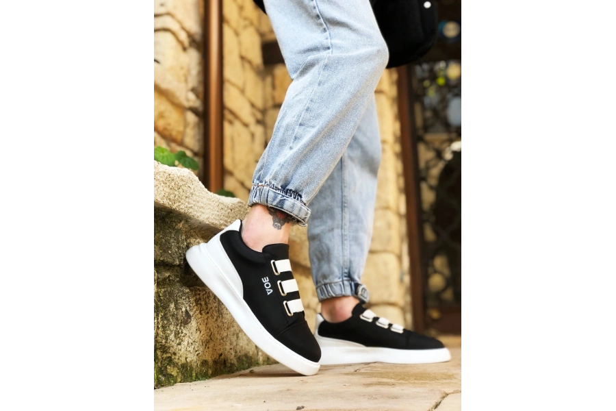 Shoecide Sb0329 3 Bant Siyah Beyaz Detaylı Kalın Taban Casual Erkek Ayakkabı