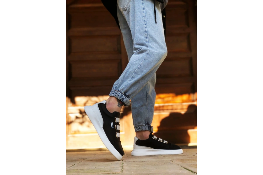 Shoecide Sb0329 3 Bant Siyah Beyaz Detaylı Kalın Taban Casual Erkek Ayakkabı