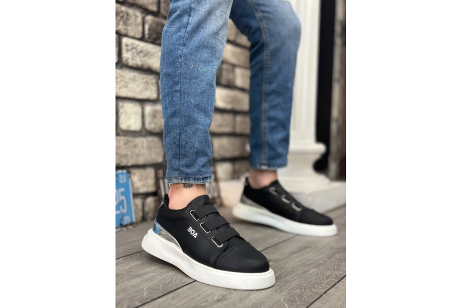 Shoecide Sb0329 3 Bant Siyah Gümüş Detaylı Kalın Taban Casual Erkek Ayakkabı
