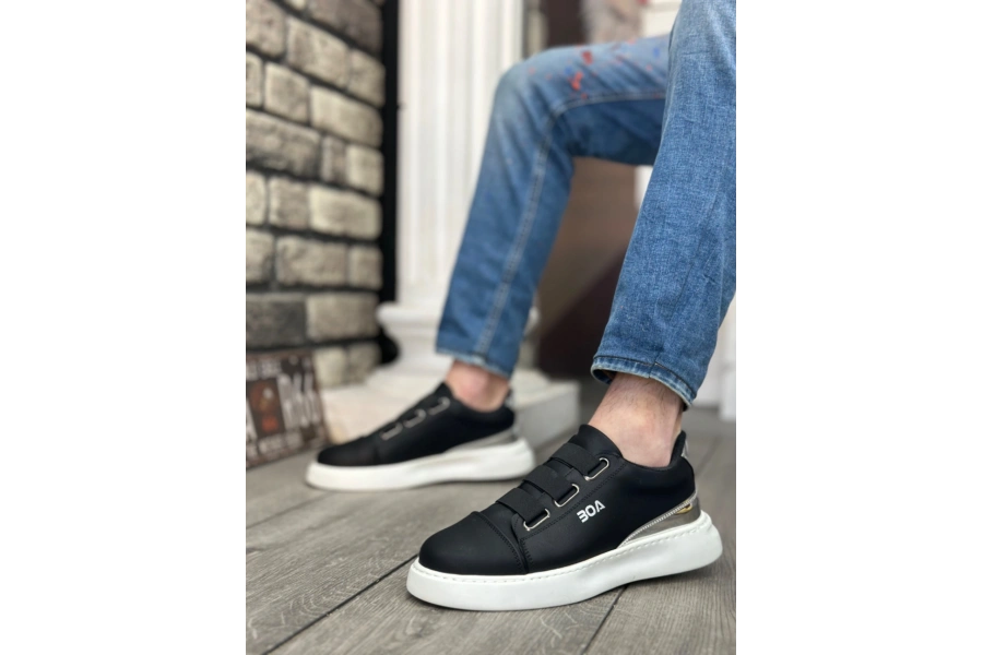Shoecide Sb0329 3 Bant Siyah Gümüş Detaylı Kalın Taban Casual Erkek Ayakkabı