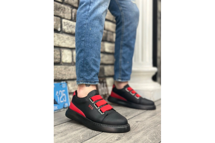 Shoecide Sb0329 3 Bant Siyah Kırmızı Detaylı Kalın Taban Casual Erkek Ayakkabı