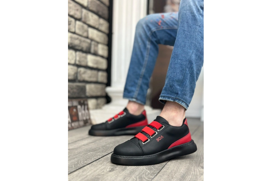 Shoecide Sb0329 3 Bant Siyah Kırmızı Detaylı Kalın Taban Casual Erkek Ayakkabı