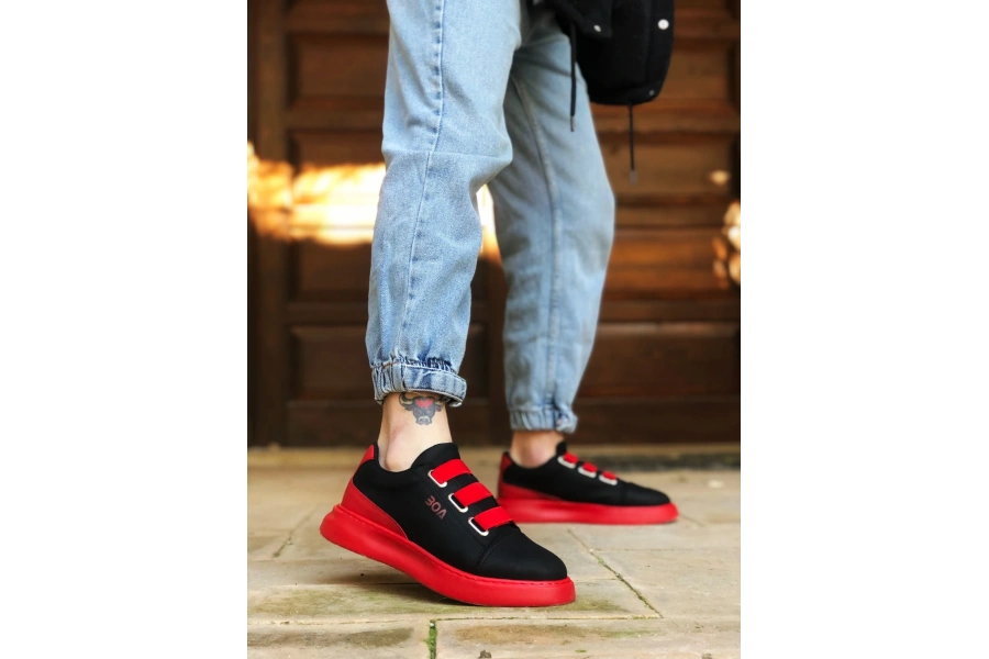 Shoecide Sb0329 3 Bant Siyah Kırmızı Kalın Taban Casual Erkek Ayakkabı