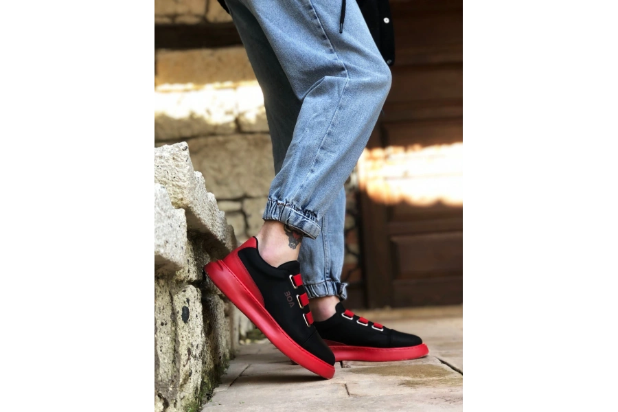 Shoecide Sb0329 3 Bant Siyah Kırmızı Kalın Taban Casual Erkek Ayakkabı