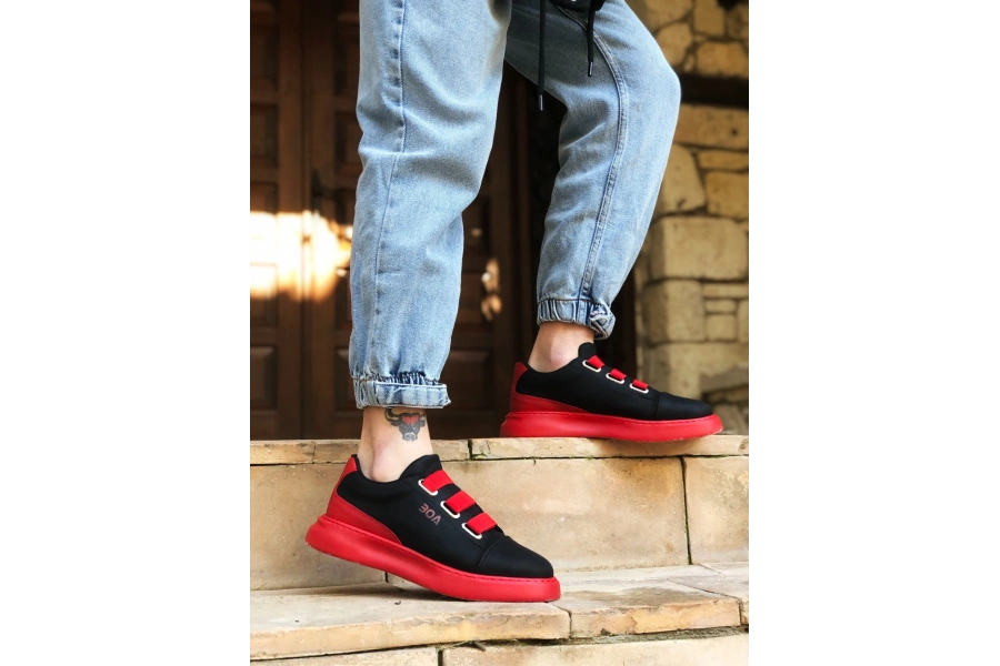 Shoecide Sb0329 3 Bant Siyah Kırmızı Kalın Taban Casual Erkek Ayakkabı