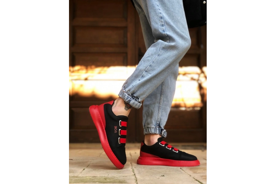 Shoecide Sb0329 3 Bant Siyah Kırmızı Kalın Taban Casual Erkek Ayakkabı